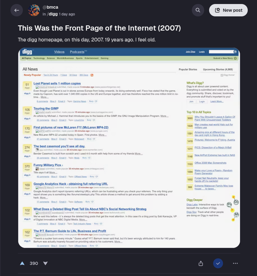 A screenshot of the old Digg website, posted on the newly launched Digg.